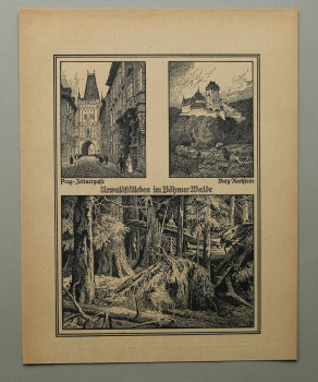 Kunst Druck / Wilhelm Thiele Potsdam / 1920er Jahre / Prag / Burg Karlstein / Böhmen Wald / Tschechien / wohl Holzschnitt